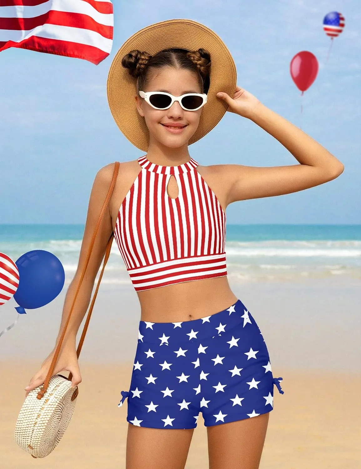 Girls Swimsuits Tankini Striped Halter Neck Cute Bathing Suits Swim Shorts 2 Piece Sets