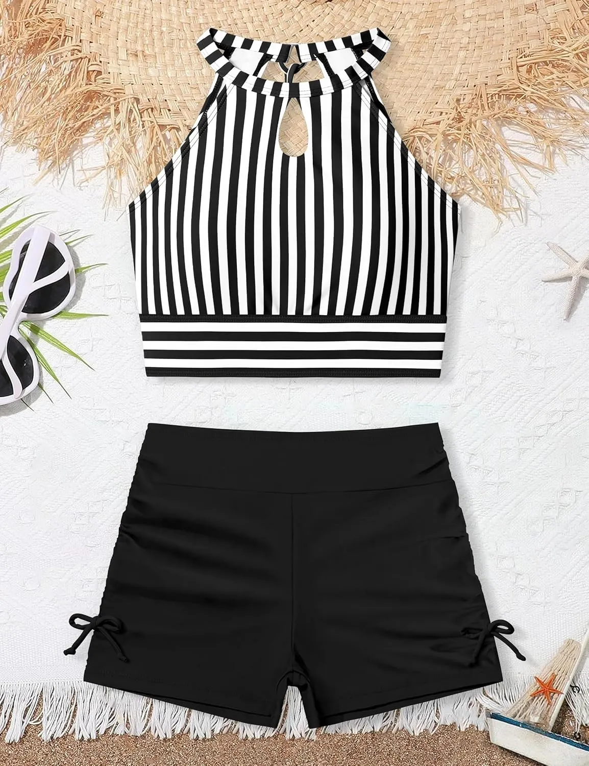 Girls Swimsuits Tankini Striped Halter Neck Cute Bathing Suits Swim Shorts 2 Piece Sets