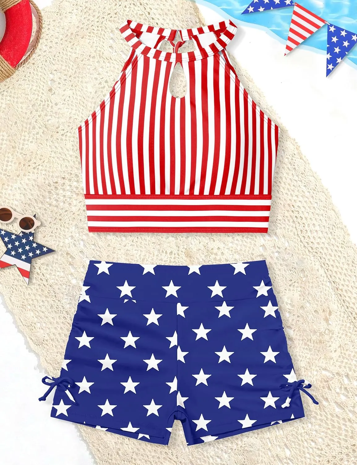 Girls Swimsuits Tankini Striped Halter Neck Cute Bathing Suits Swim Shorts 2 Piece Sets