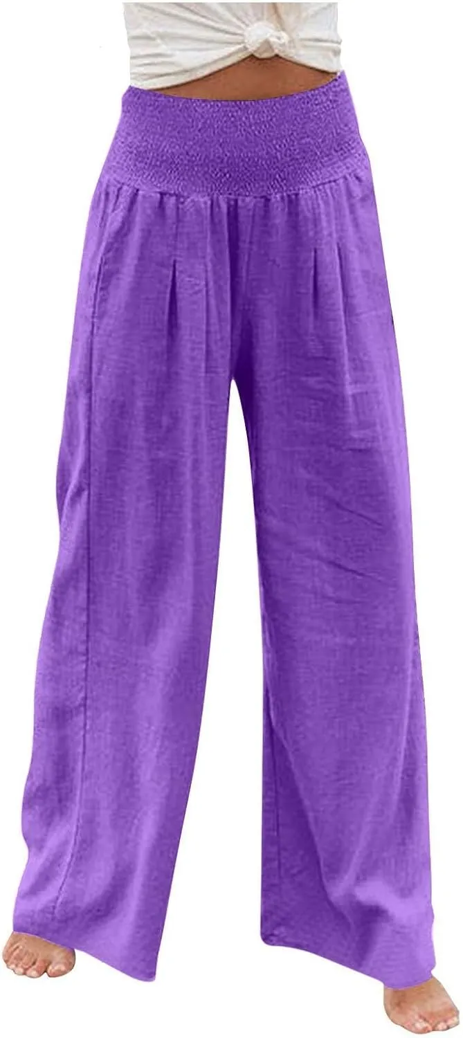 GOFULY Wide Leg Linen Pants Women High Waisted Trendy Summer Elastic Waist Palazzo Pants with Pockets Slim Fit Solid Clothes