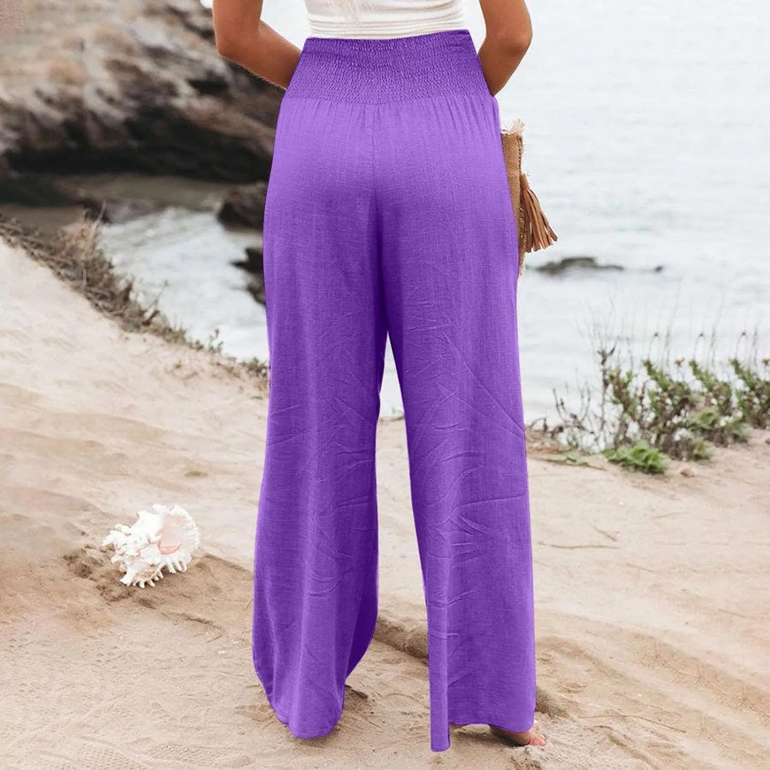 GOFULY Wide Leg Linen Pants Women High Waisted Trendy Summer Elastic Waist Palazzo Pants with Pockets Slim Fit Solid Clothes