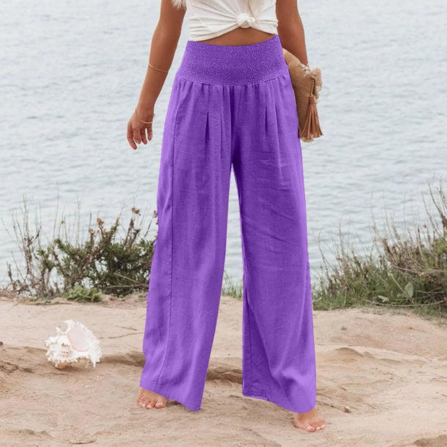 GOFULY Wide Leg Linen Pants Women High Waisted Trendy Summer Elastic Waist Palazzo Pants with Pockets Slim Fit Solid Clothes