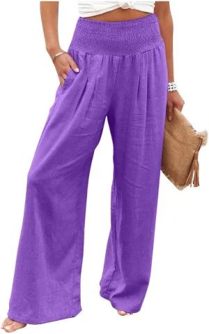 GOFULY Wide Leg Linen Pants Women High Waisted Trendy Summer Elastic Waist Palazzo Pants with Pockets Slim Fit Solid Clothes