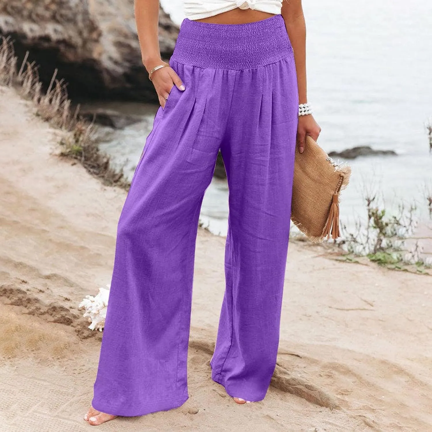 GOFULY Wide Leg Linen Pants Women High Waisted Trendy Summer Elastic Waist Palazzo Pants with Pockets Slim Fit Solid Clothes