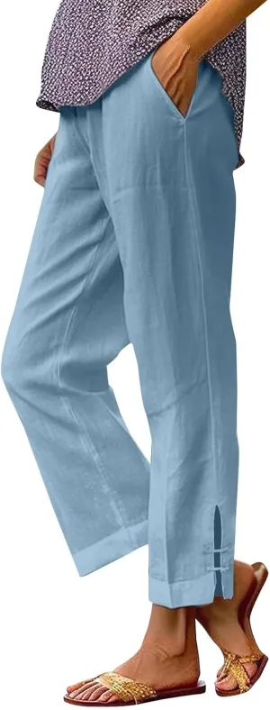 GOFULY Womens Linen Pants Wide Leg Office Casual High Waisted Pants Elastic Waist Summer Slim Fit Solid Trousers with Pockets