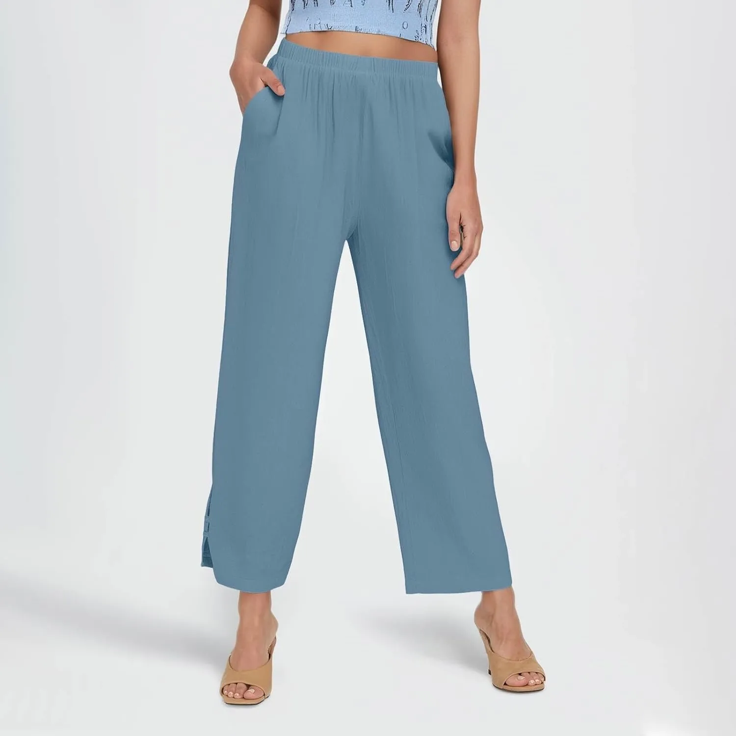 GOFULY Womens Linen Pants Wide Leg Office Casual High Waisted Pants Elastic Waist Summer Slim Fit Solid Trousers with Pockets