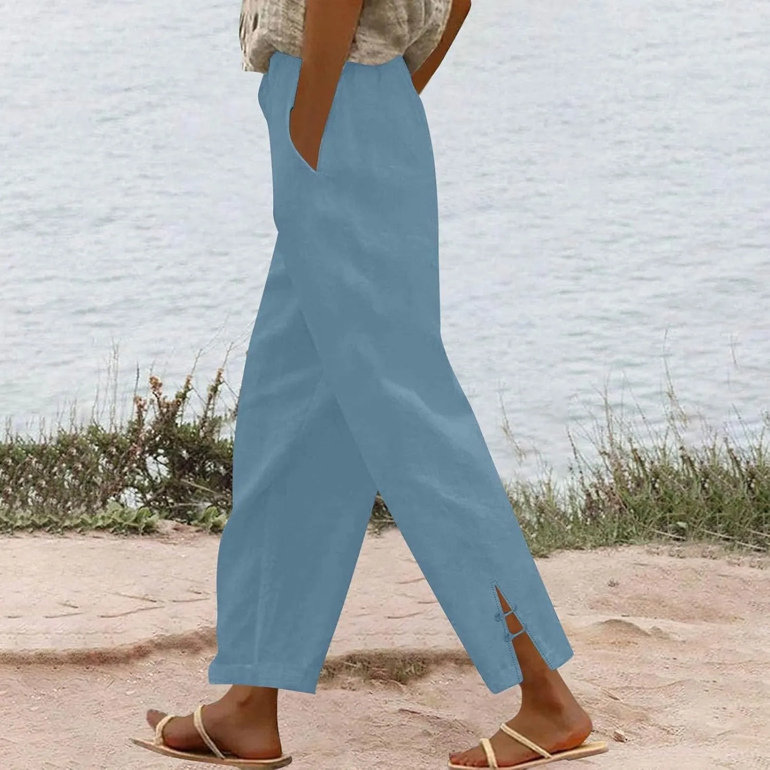GOFULY Womens Linen Pants Wide Leg Office Casual High Waisted Pants Elastic Waist Summer Slim Fit Solid Trousers with Pockets