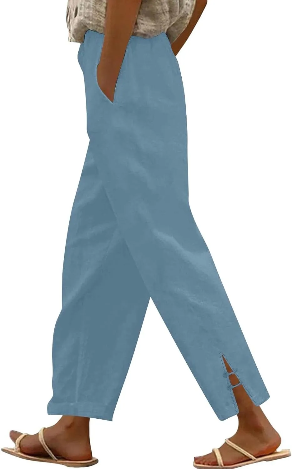 GOFULY Womens Linen Pants Wide Leg Office Casual High Waisted Pants Elastic Waist Summer Slim Fit Solid Trousers with Pockets