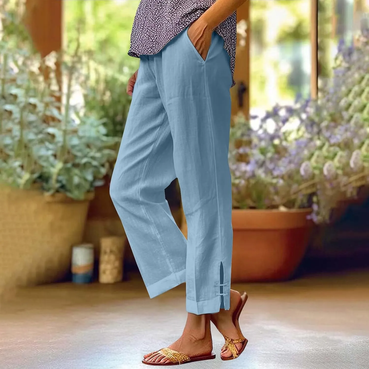 GOFULY Womens Linen Pants Wide Leg Office Casual High Waisted Pants Elastic Waist Summer Slim Fit Solid Trousers with Pockets