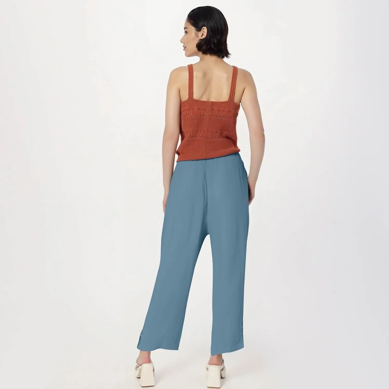 GOFULY Womens Linen Pants Wide Leg Office Casual High Waisted Pants Elastic Waist Summer Slim Fit Solid Trousers with Pockets