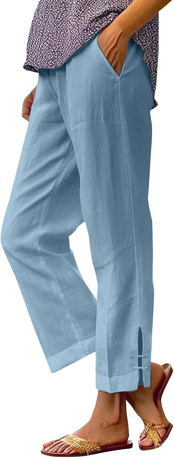 GOFULY Womens Linen Pants Wide Leg Office Casual High Waisted Pants Elastic Waist Summer Slim Fit Solid Trousers with Pockets