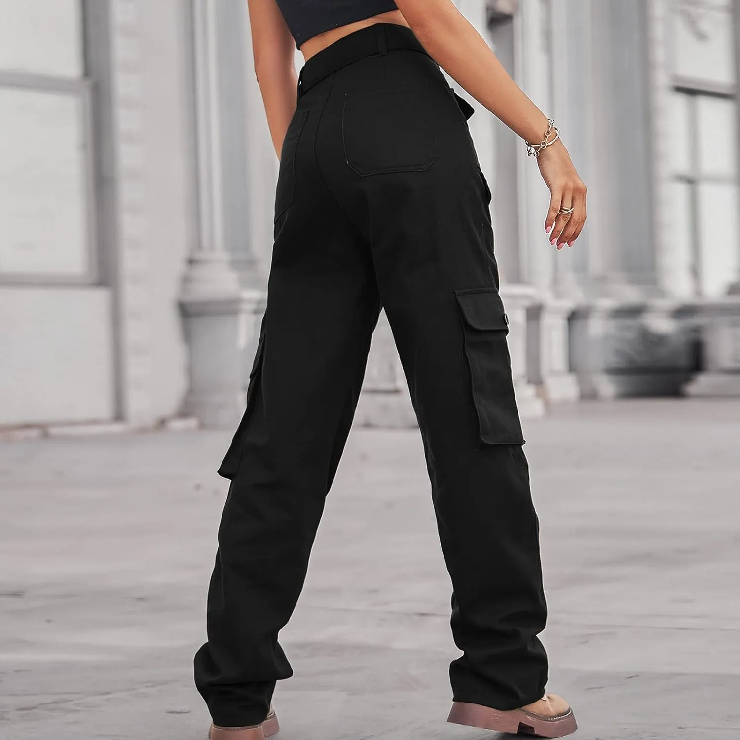 High Waist Cargo Jeans Pants Women Baggy Jogger Straight Leg Parachute Pants Hiking Tactical Military Long Trousers