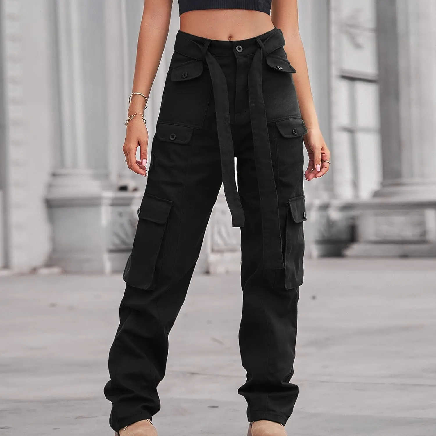 High Waist Cargo Jeans Pants Women Baggy Jogger Straight Leg Parachute Pants Hiking Tactical Military Long Trousers