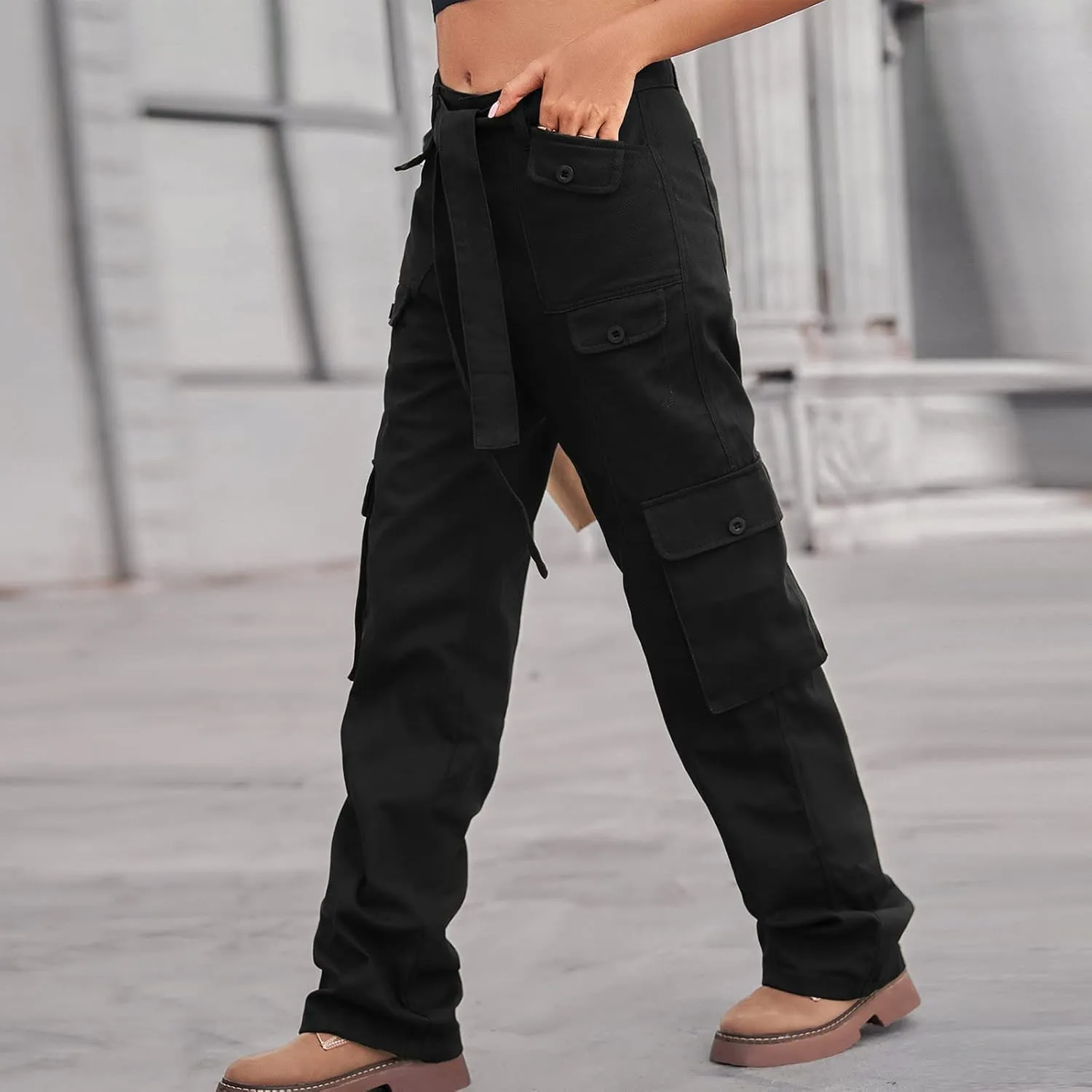 High Waist Cargo Jeans Pants Women Baggy Jogger Straight Leg Parachute Pants Hiking Tactical Military Long Trousers