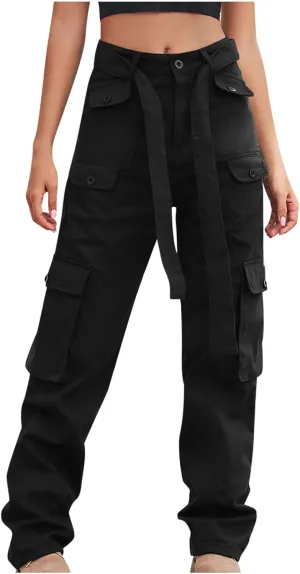 High Waist Cargo Jeans Pants Women Baggy Jogger Straight Leg Parachute Pants Hiking Tactical Military Long Trousers