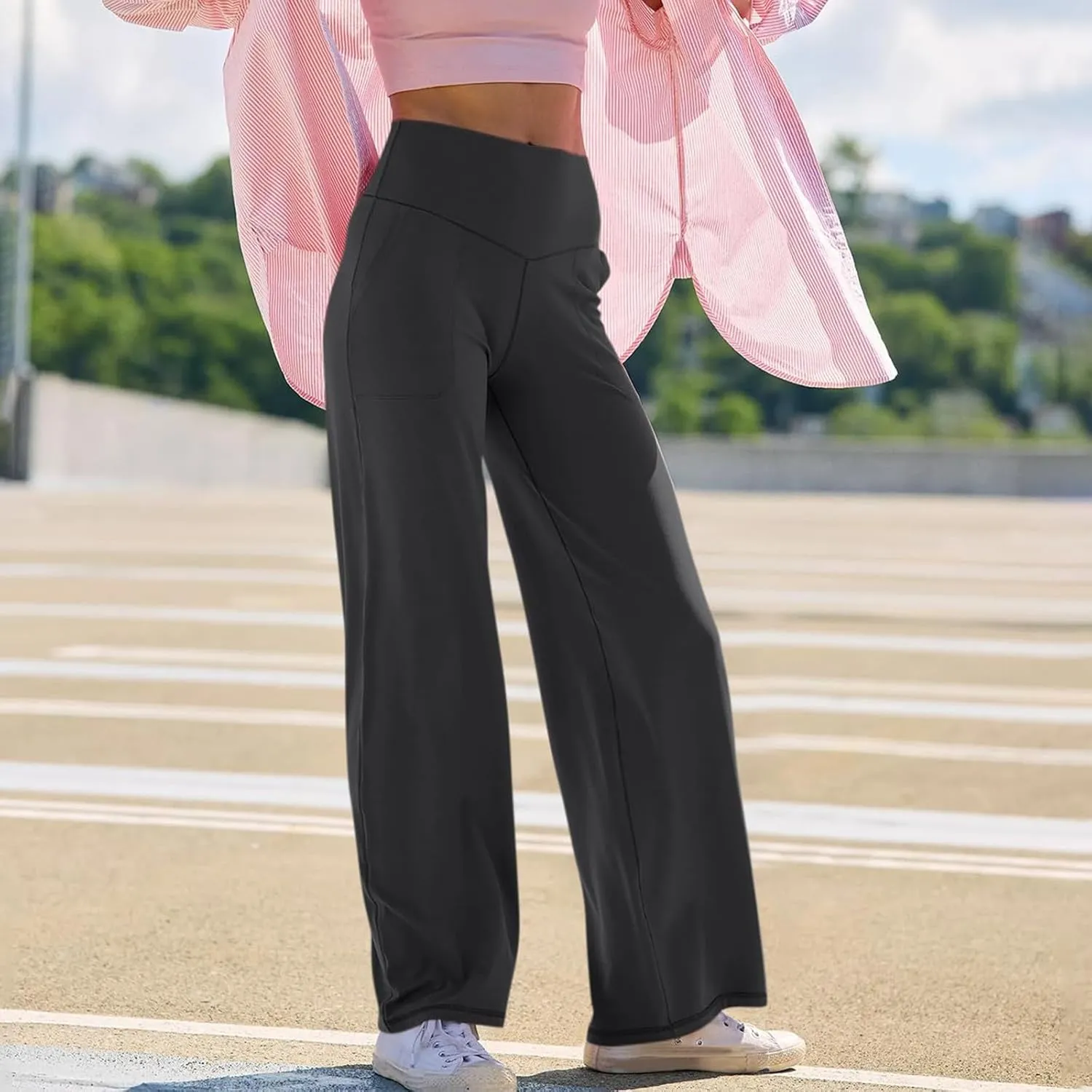 High Waist Tummy Control Pants for Women Loose Wide Leg Trousers with Pocket Comfy Workout Yoga Leggings