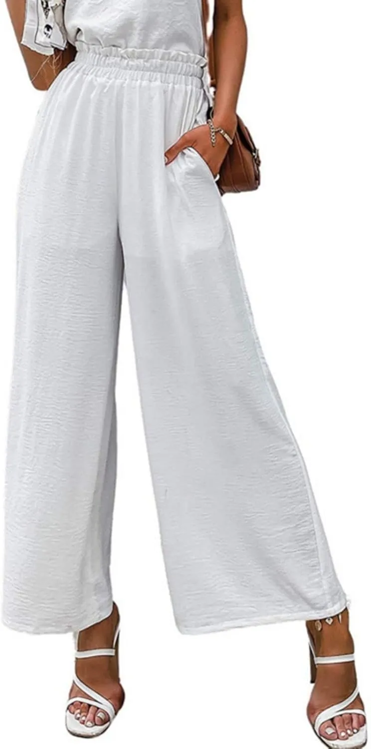 High Waist Wide Leg Pants for Women Summer Breathable Cotton Linen Pant Loose Solid Business Trousers with Pockets