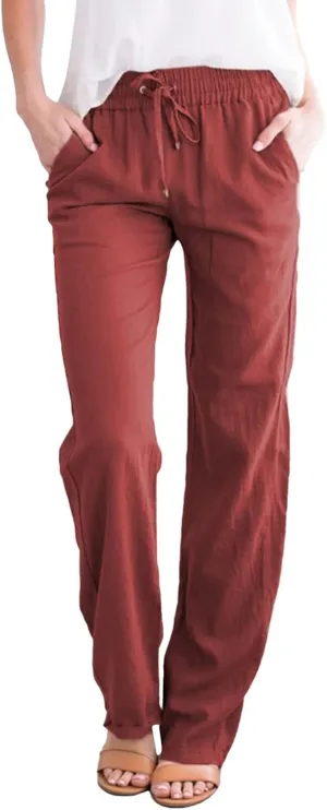 High Waisted Pants For Women Comfy Solid Color Cotton Linen Trousers Straight Leg Lounge Summer Boho Casual Pants