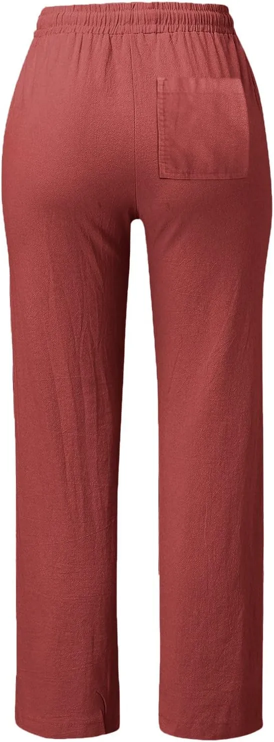 High Waisted Pants For Women Comfy Solid Color Cotton Linen Trousers Straight Leg Lounge Summer Boho Casual Pants