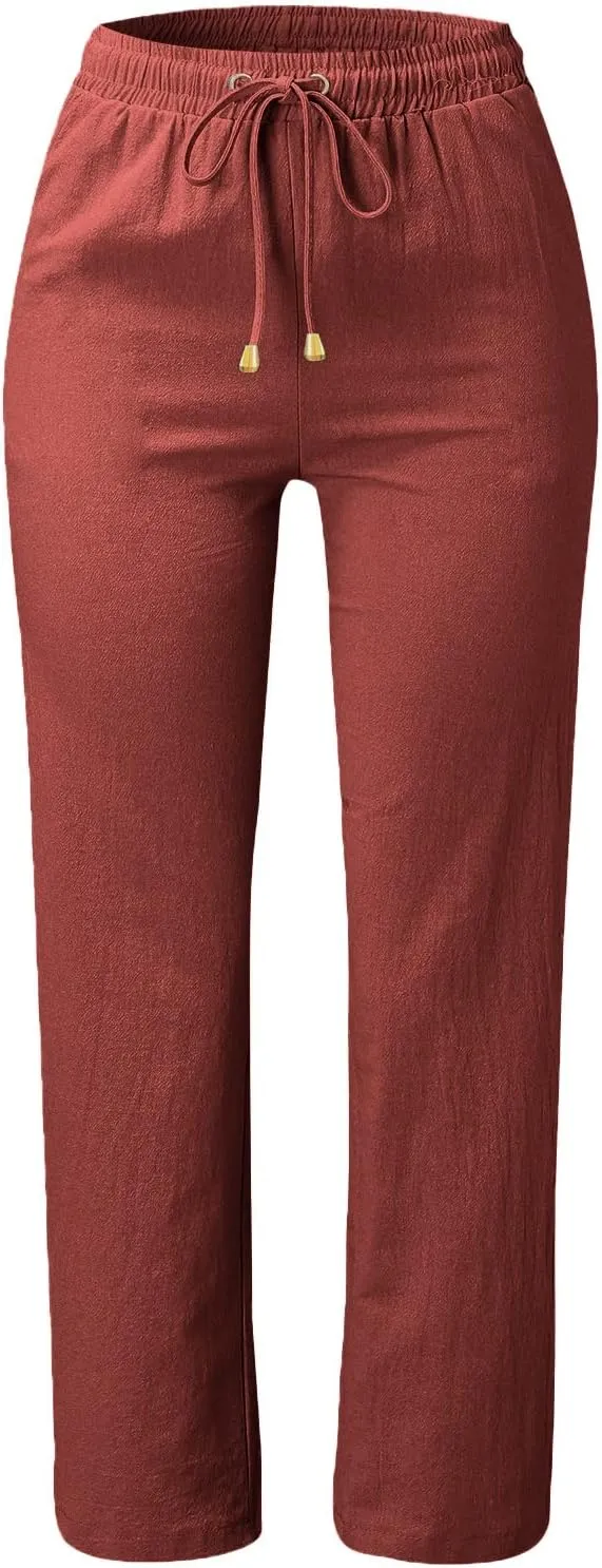 High Waisted Pants For Women Comfy Solid Color Cotton Linen Trousers Straight Leg Lounge Summer Boho Casual Pants