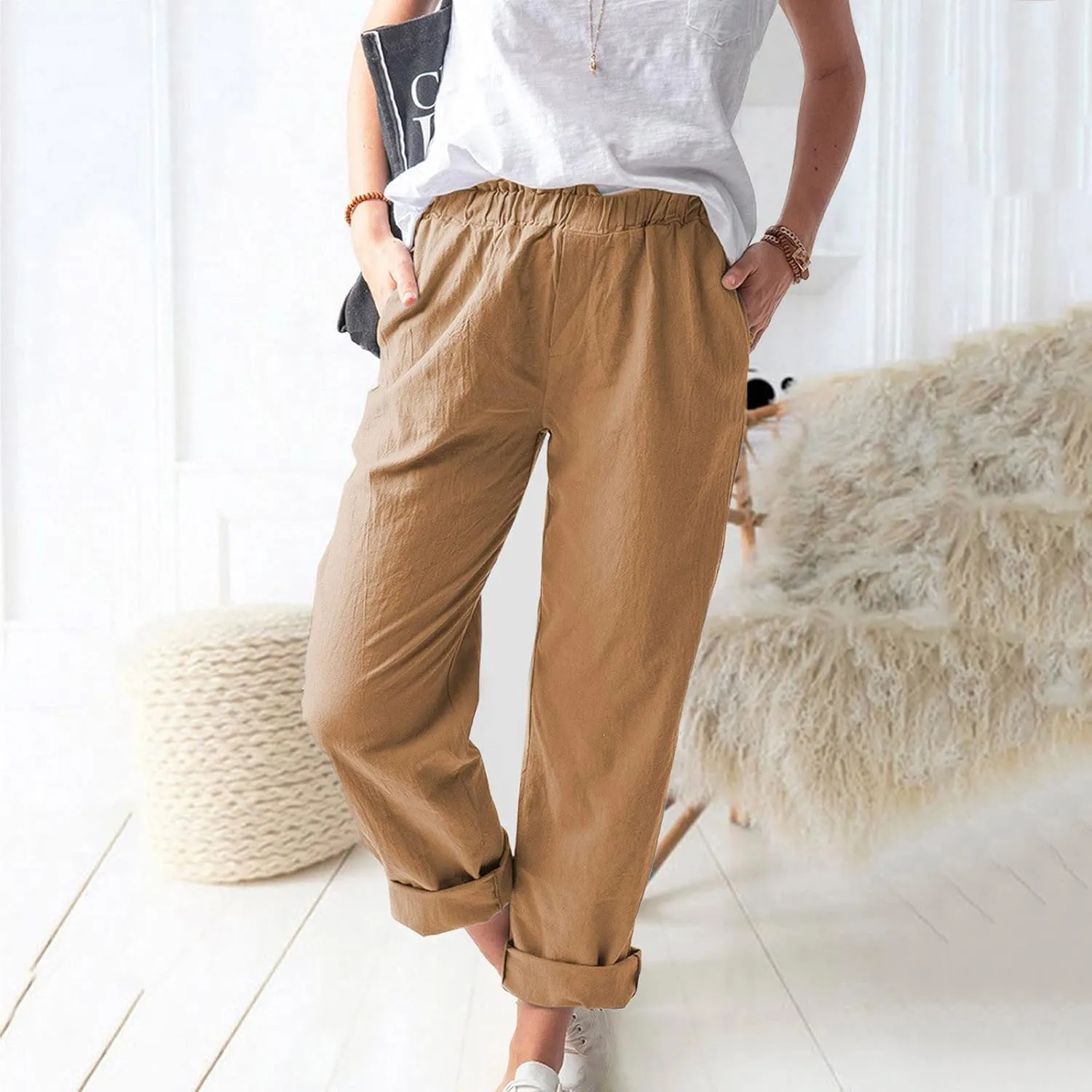 High Waisted Pants with Pockets for Women, Casual Elastic Waist Straight Wide Leg Pants Solid Comfy Trousers