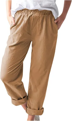 High Waisted Pants with Pockets for Women, Casual Elastic Waist Straight Wide Leg Pants Solid Comfy Trousers