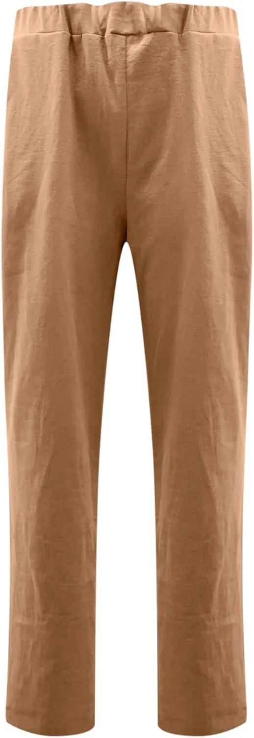 High Waisted Pants with Pockets for Women, Casual Elastic Waist Straight Wide Leg Pants Solid Comfy Trousers