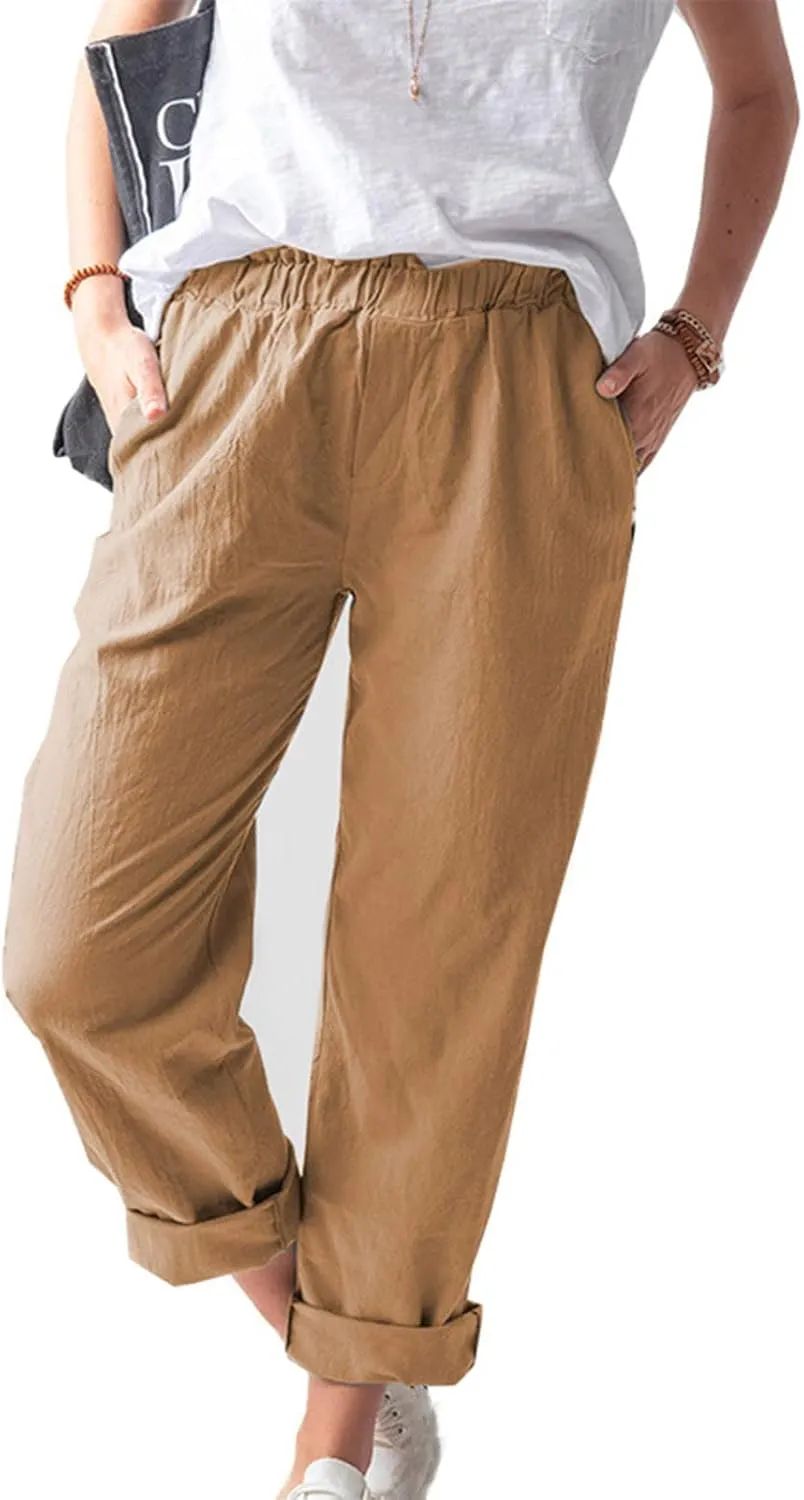 High Waisted Pants with Pockets for Women, Casual Elastic Waist Straight Wide Leg Pants Solid Comfy Trousers