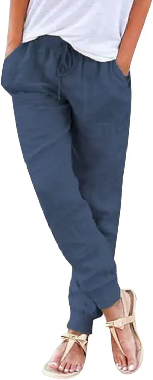 High Waisted Trousers Women Casual Ankle Length Tapered Pant Linen Drawstring Waist Summer Casual Pull On Sweatpant