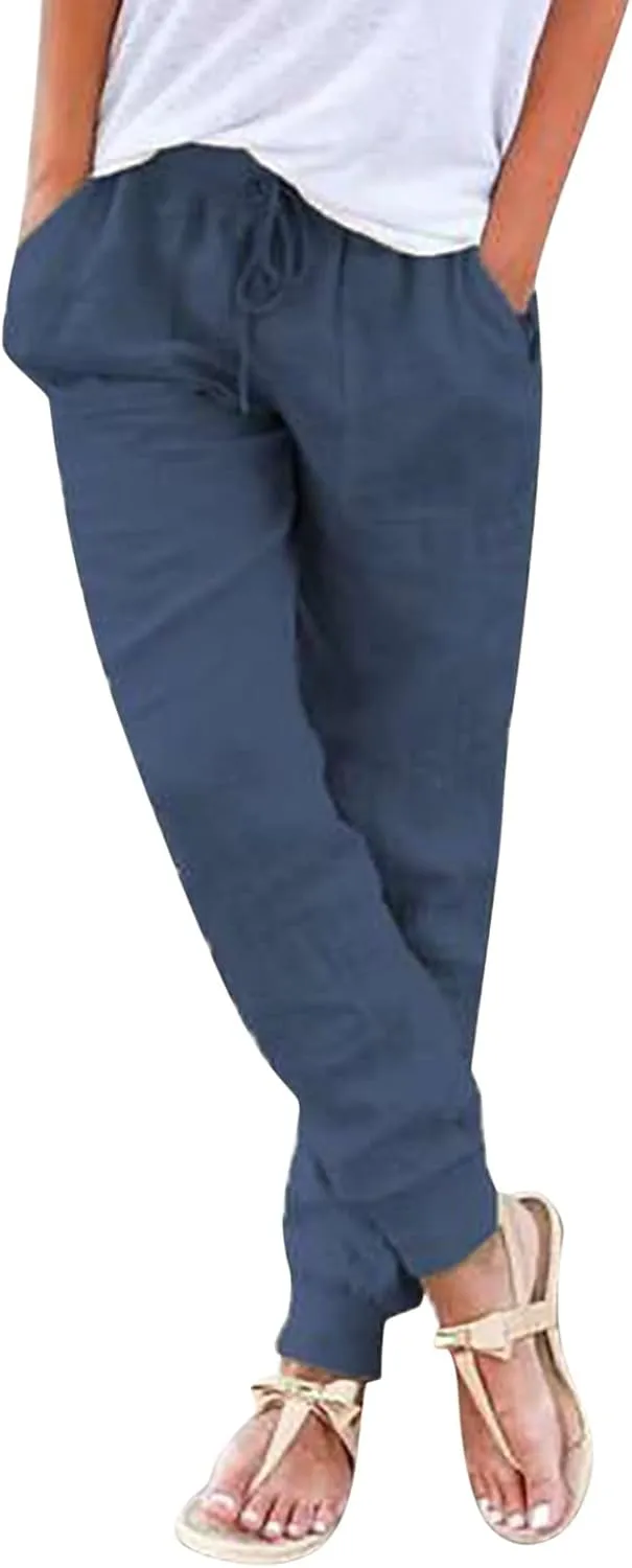 High Waisted Trousers Women Casual Ankle Length Tapered Pant Linen Drawstring Waist Summer Casual Pull On Sweatpant