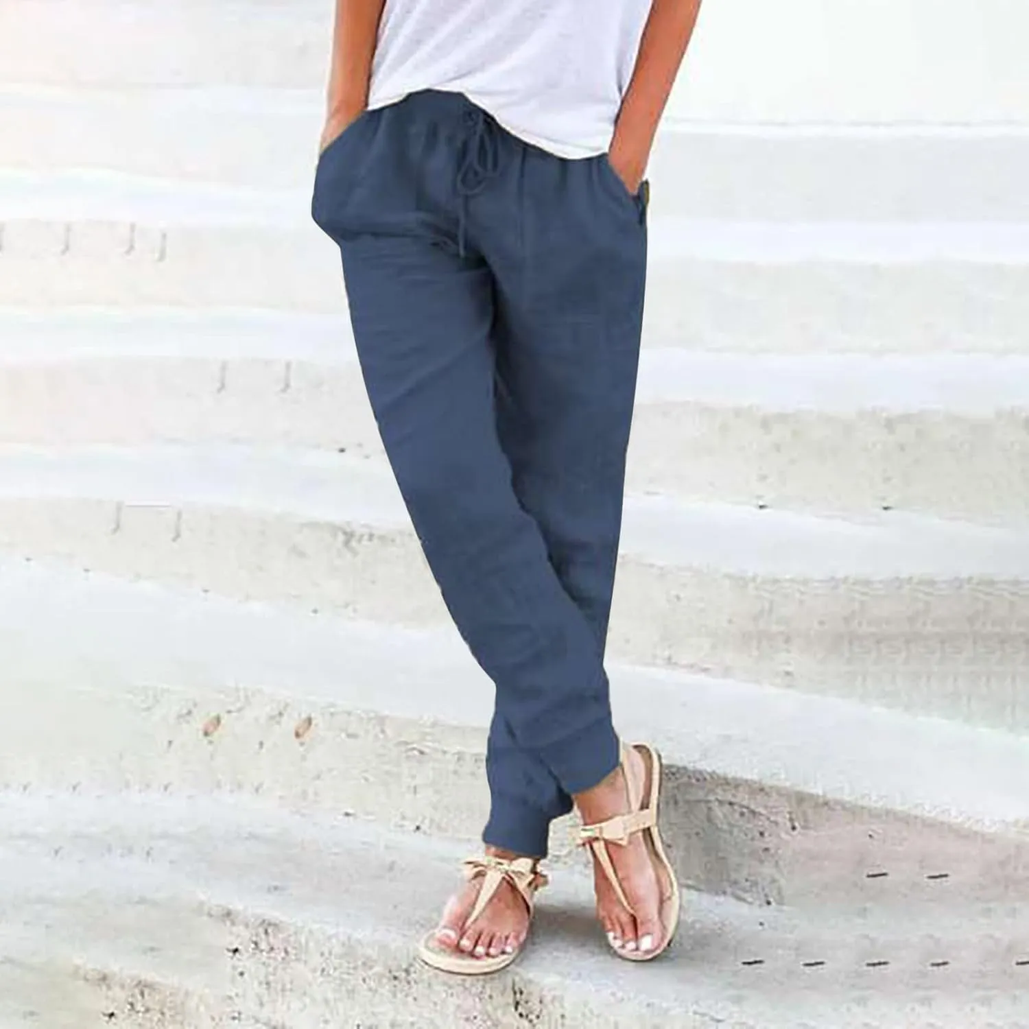 High Waisted Trousers Women Casual Ankle Length Tapered Pant Linen Drawstring Waist Summer Casual Pull On Sweatpant