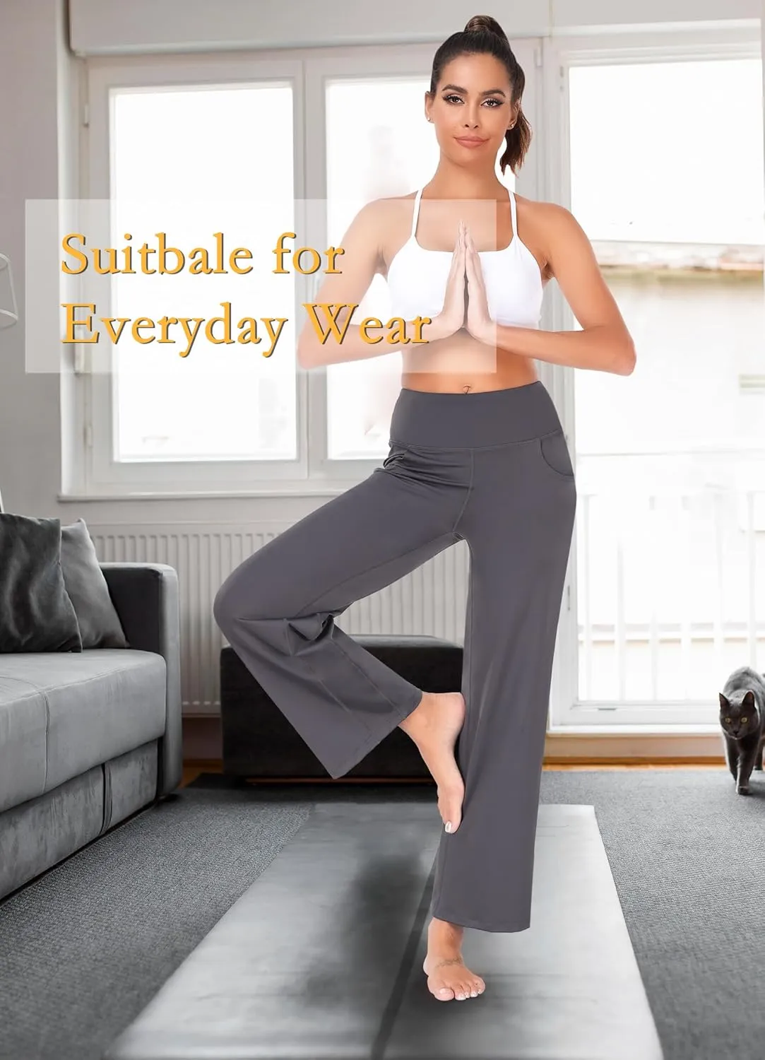 HISKYWIN Inner Pocket Yoga Pants 4 Way Stretch Tummy Control Workout Running Pants, Long Bootleg Flare Pants