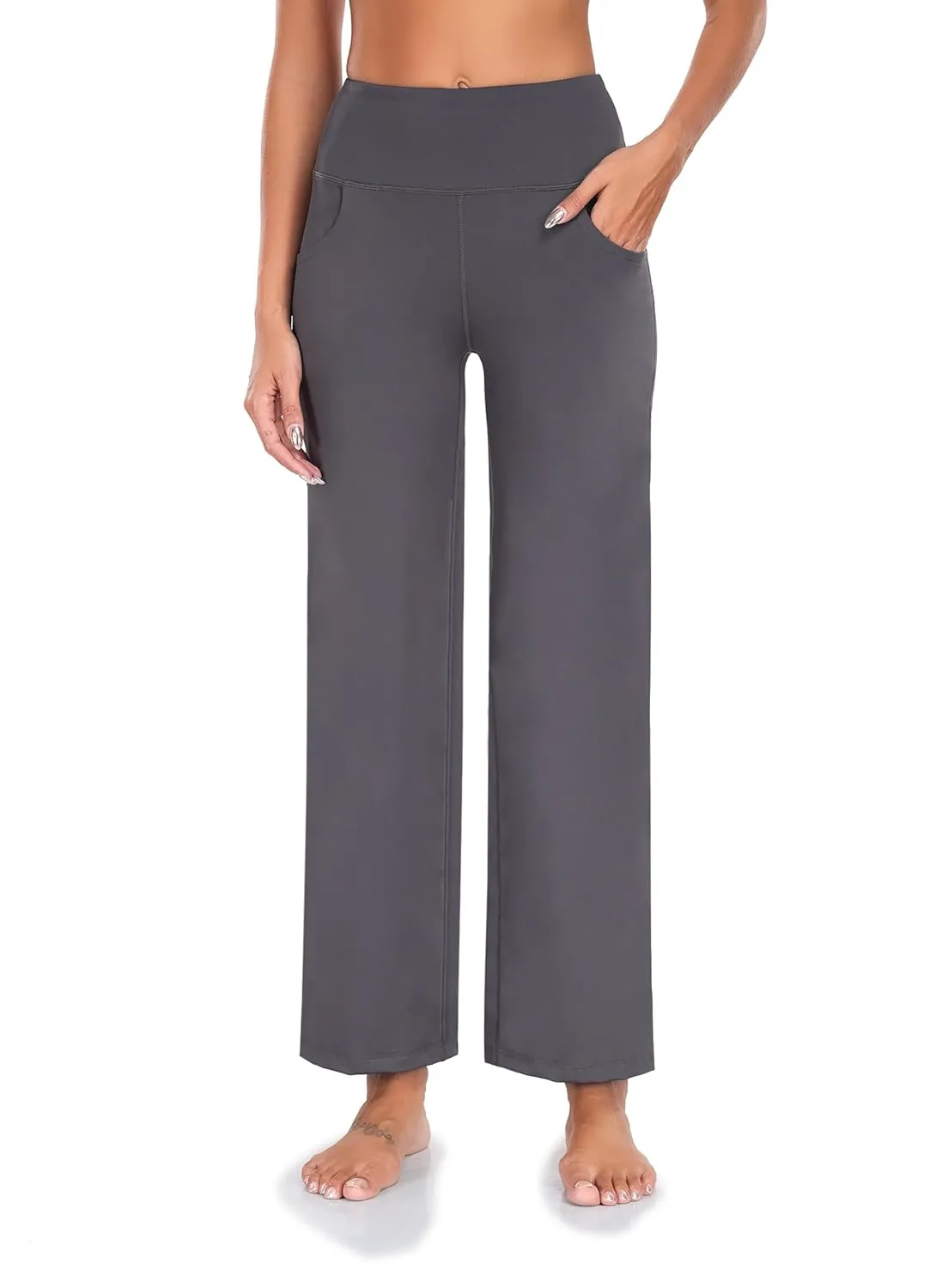 HISKYWIN Inner Pocket Yoga Pants 4 Way Stretch Tummy Control Workout Running Pants, Long Bootleg Flare Pants