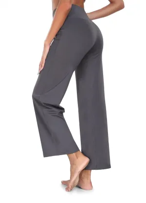 HISKYWIN Inner Pocket Yoga Pants 4 Way Stretch Tummy Control Workout Running Pants, Long Bootleg Flare Pants