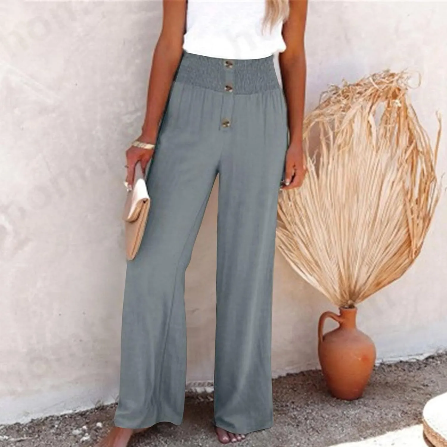 Lastesso Wide Leg Pants Woman Cotton Linen Summer Palazzo Pants Trendy High Waisted Palazzo Trousers Lightweight Boho Clothes