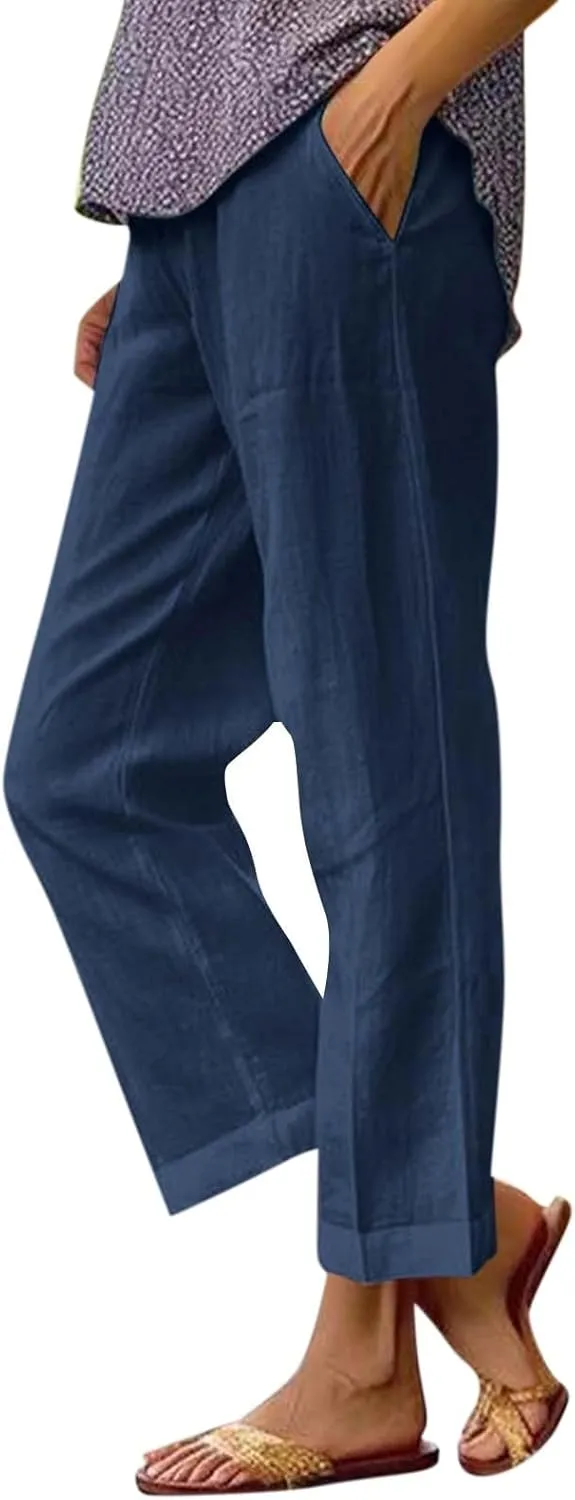 Lightweight Linen Pants for Women Summer Elastic Waisted Straight Leg Pants Casual Loose Fit Solid Color Trousers
