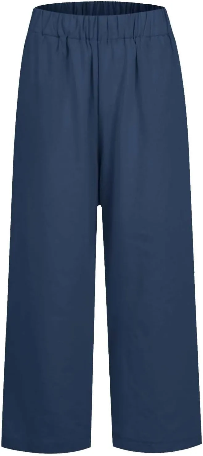 Lightweight Linen Pants for Women Summer Elastic Waisted Straight Leg Pants Casual Loose Fit Solid Color Trousers