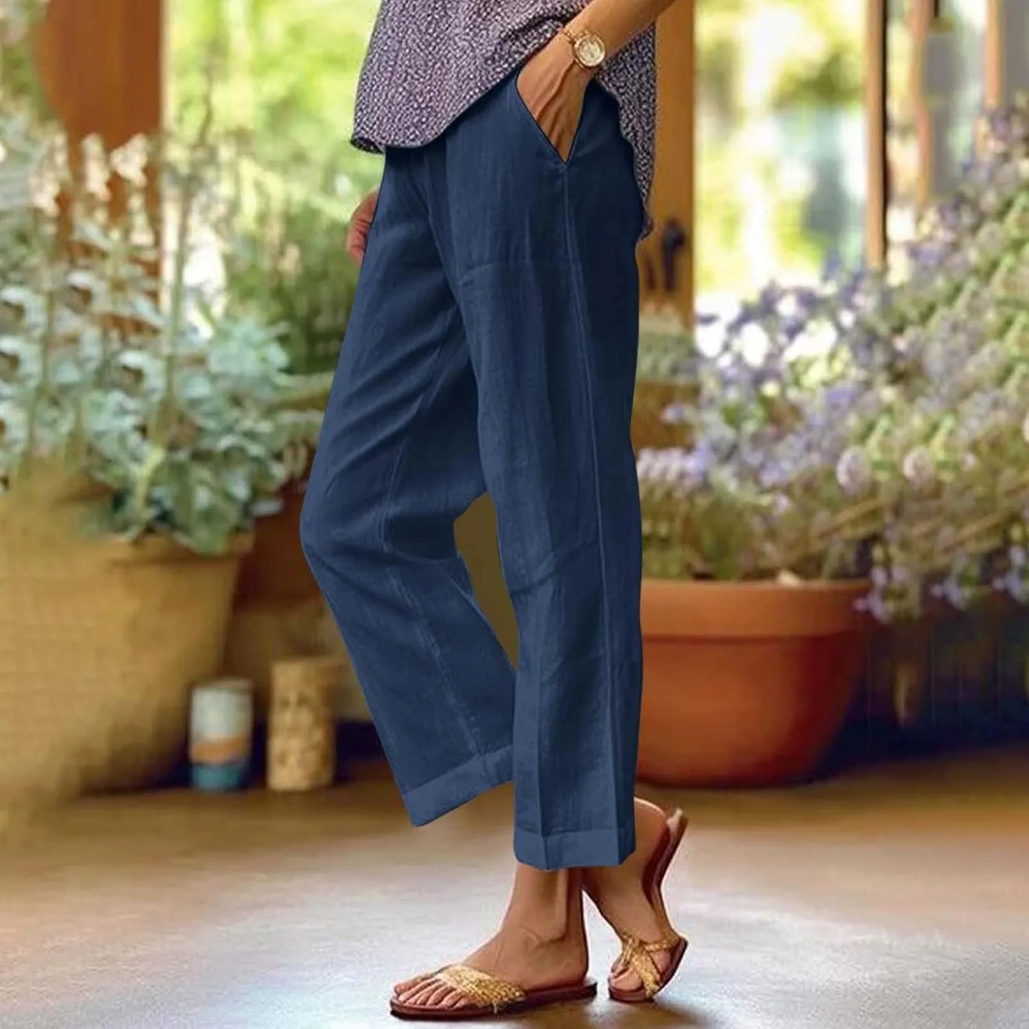 Lightweight Linen Pants for Women Summer Elastic Waisted Straight Leg Pants Casual Loose Fit Solid Color Trousers