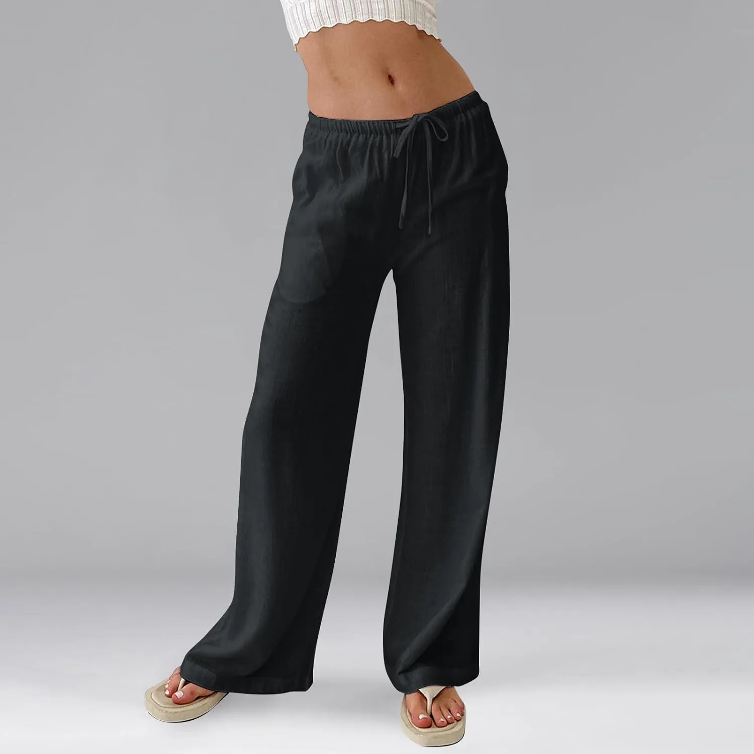 Linen Beach Pants Summer Palazzo Pants Drawstring High Waisted Trouser Pant Loose Wide Leg Trousers with Pockets
