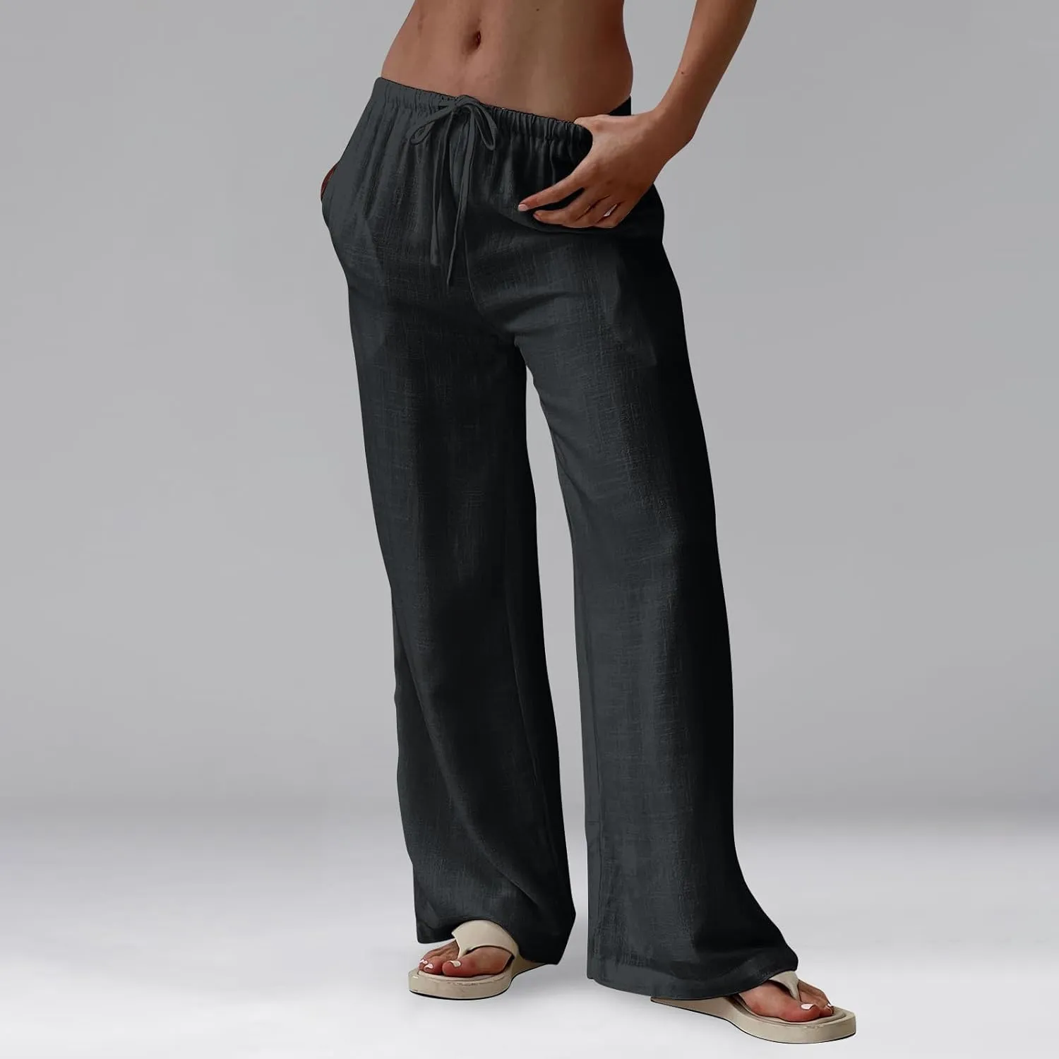 Linen Beach Pants Summer Palazzo Pants Drawstring High Waisted Trouser Pant Loose Wide Leg Trousers with Pockets