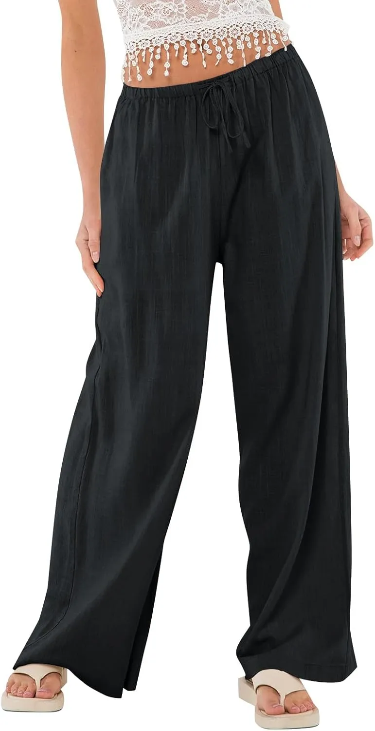 Linen Beach Pants Summer Palazzo Pants Drawstring High Waisted Trouser Pant Loose Wide Leg Trousers with Pockets