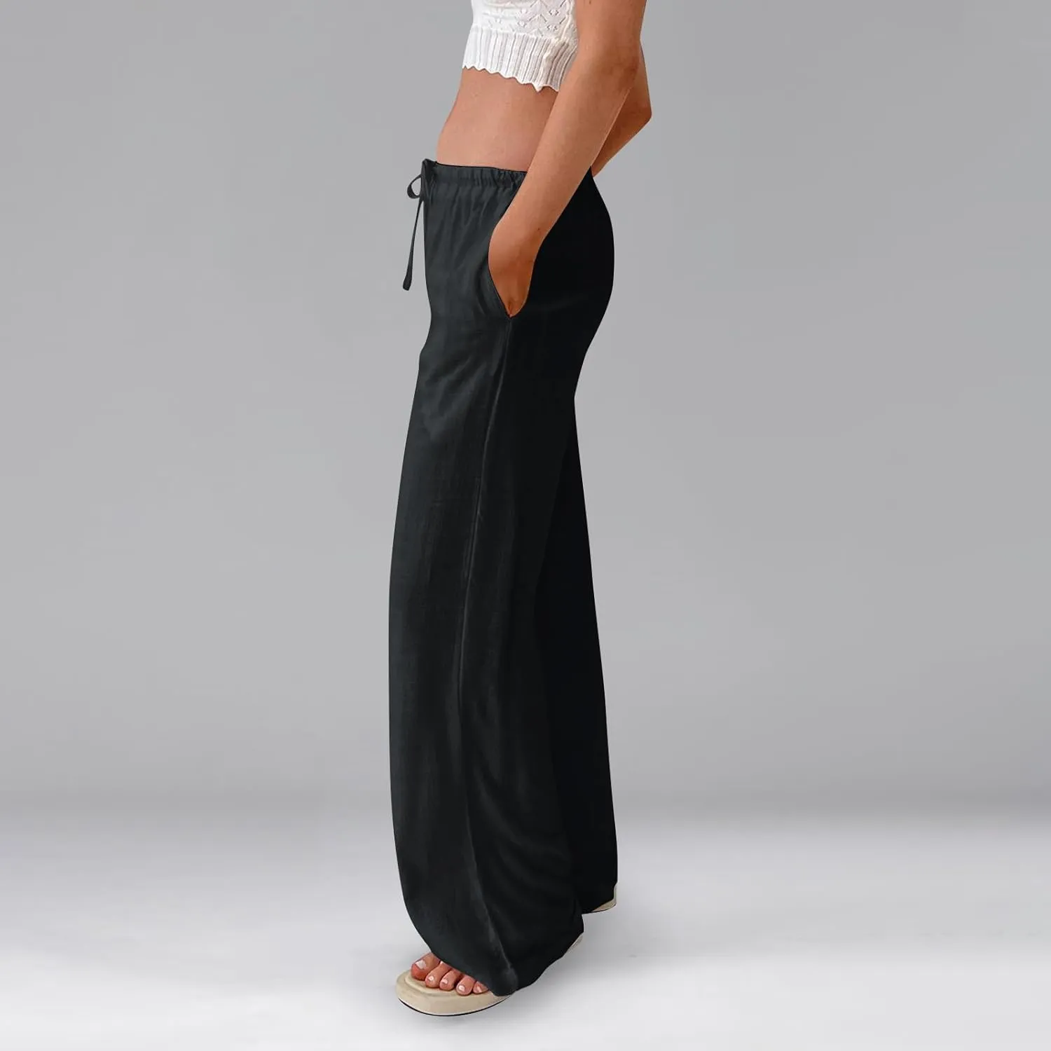 Linen Beach Pants Summer Palazzo Pants Drawstring High Waisted Trouser Pant Loose Wide Leg Trousers with Pockets