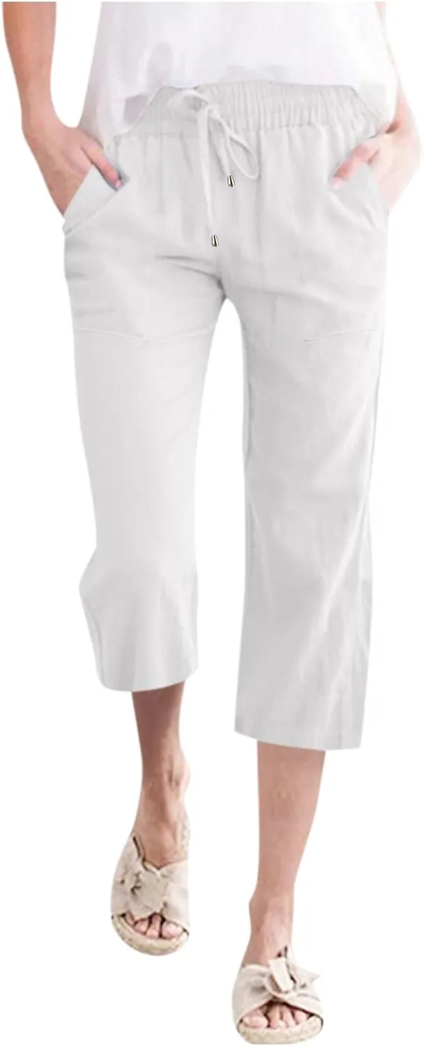 Linen Capri Pants For Women Petite Short Light Weight Casual Summer Straight Leg Cropped Trousers High Waist Pants