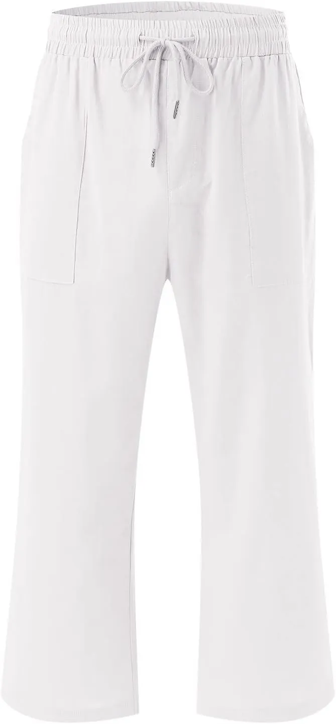 Linen Capri Pants For Women Petite Short Light Weight Casual Summer Straight Leg Cropped Trousers High Waist Pants