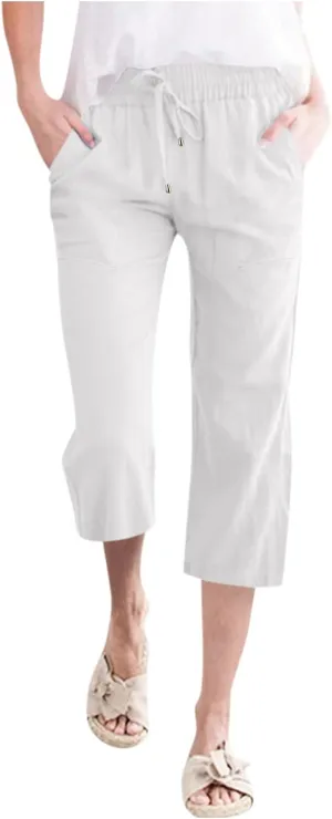 Linen Capri Pants For Women Petite Short Light Weight Casual Summer Straight Leg Cropped Trousers High Waist Pants