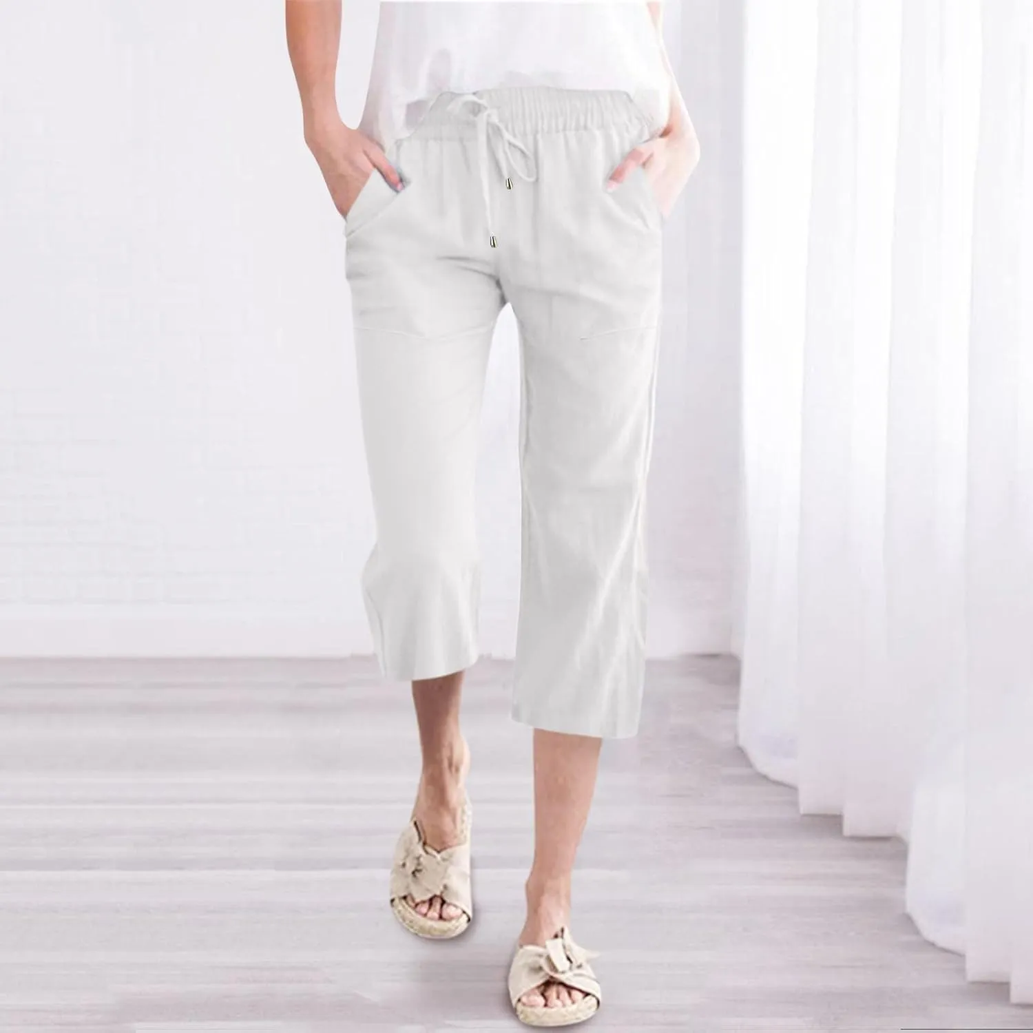 Linen Capri Pants For Women Petite Short Light Weight Casual Summer Straight Leg Cropped Trousers High Waist Pants