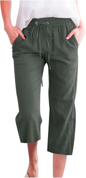 Linen Capris Pants For Women Casual 2024 Summer Drawstring Elastic High Waisted Straight Wide Leg Cropped Trousers