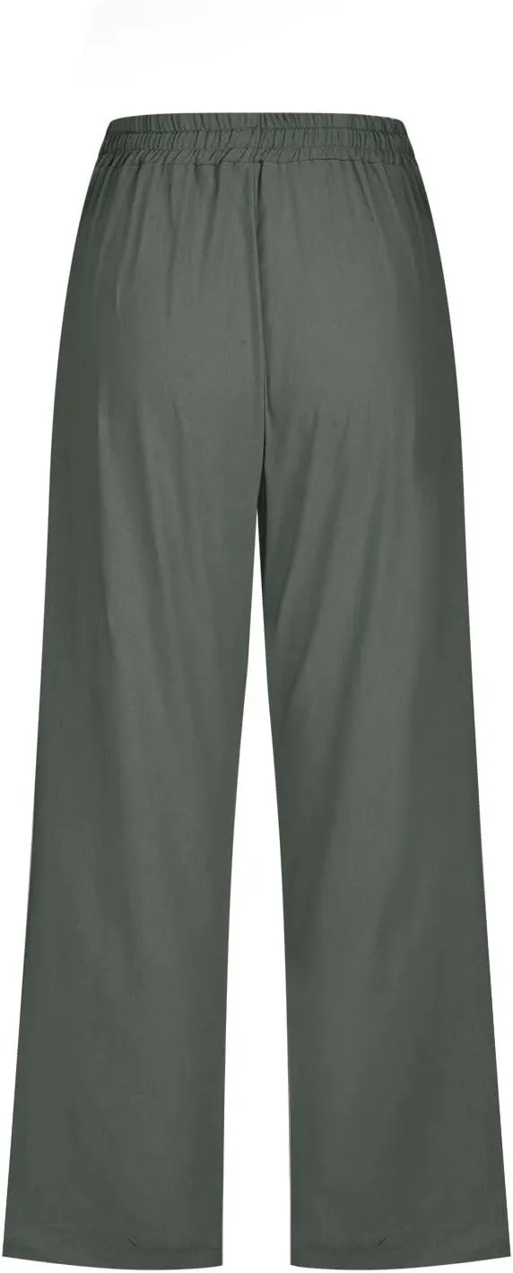 Linen Capris Pants For Women Casual 2024 Summer Drawstring Elastic High Waisted Straight Wide Leg Cropped Trousers