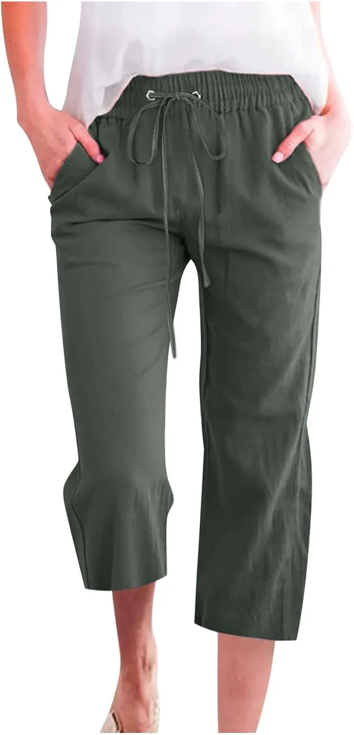 Linen Capris Pants For Women Casual 2024 Summer Drawstring Elastic High Waisted Straight Wide Leg Cropped Trousers