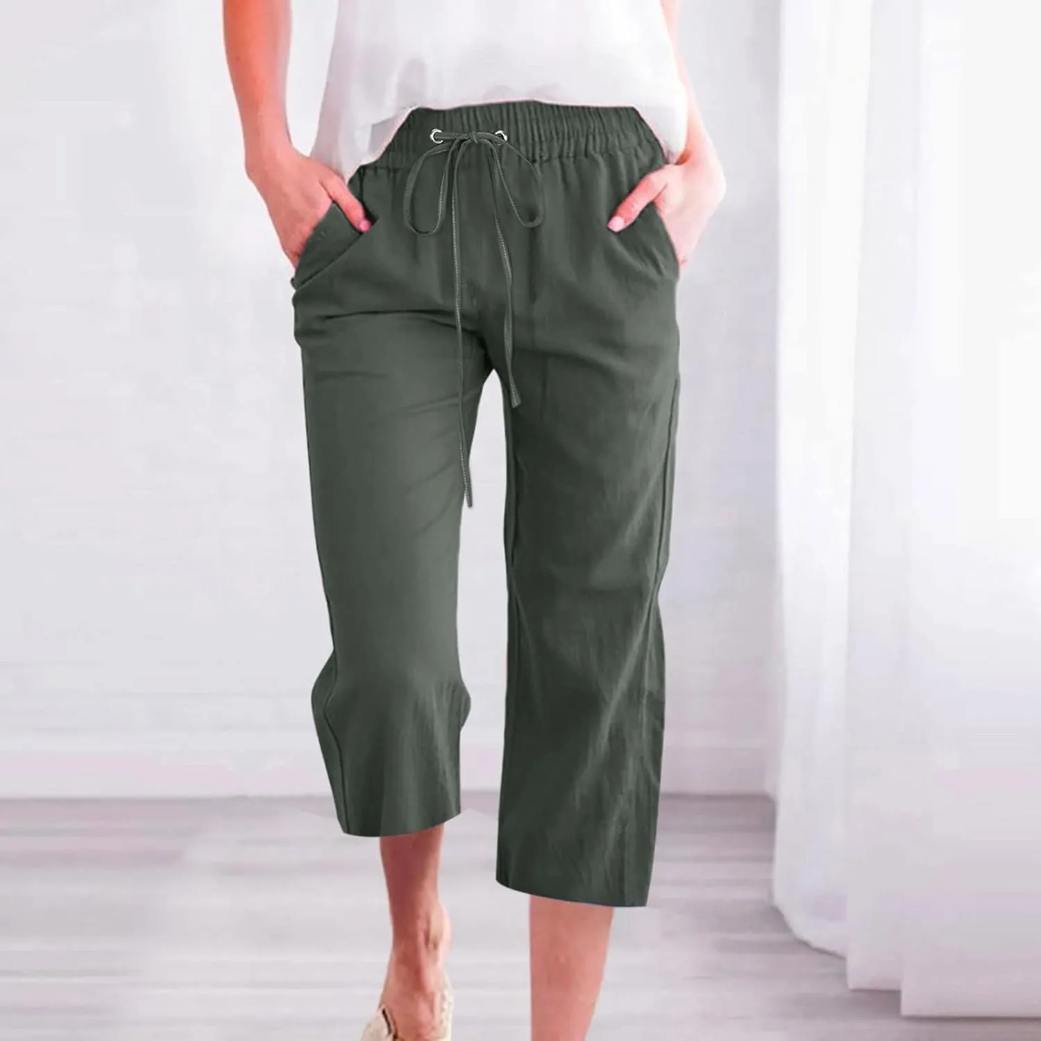 Linen Capris Pants For Women Casual 2024 Summer Drawstring Elastic High Waisted Straight Wide Leg Cropped Trousers